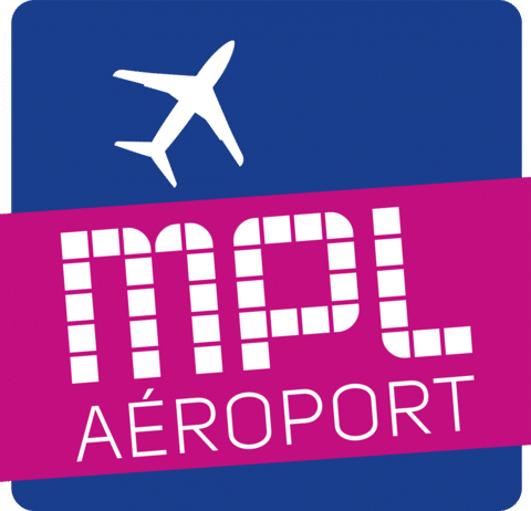 Logo de l'aéroport MPL Montpellier avec un avion blanc stylisé sur fond bleu et le texte "MPL AÉROPORT" en magenta.