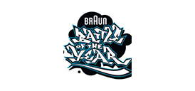Logo graffiti noir et blanc "BRAUN BATTLE OF THE YEAR" avec des contours bleus. Design dynamique pour un événement de danse.