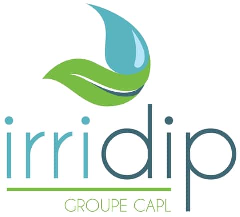 Logo irridip avec une feuille verte et une goutte d'eau bleue stylisée. Le texte "irridip" est en turquoise et gris, suivi de "GROUPE CAPL" en vert pâle.