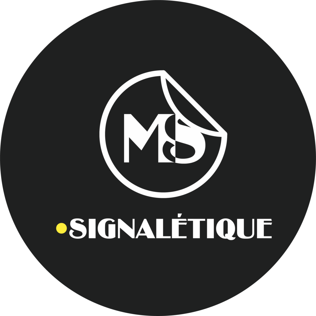 Logo circulaire MS Signalétique blanc et jaune sur fond noir. L'initiale S semble se décoller comme un sticker. Design moderne d'entreprise.