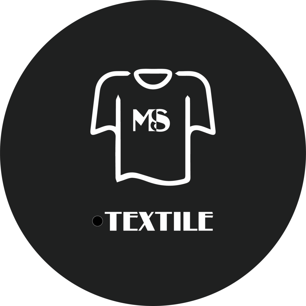 Logo circulaire MS Textile : icône de t-shirt blanc avec lettres MS sur fond noir.