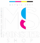 Logo Monster Shop stylisé avec grandes lettres MS. L'S incorpore des couleurs d'impression CMJN. Texte 'The Printed Experience' et 'Monster Shop'.