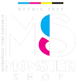 Logo Monster Shop stylisé avec grandes lettres MS. L'S incorpore des couleurs d'impression CMJN. Texte 'The Printed Experience' et 'Monster Shop'.