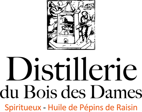 Texte orange sur fond noir : « Spiritueux Huile de Pépins de Raisin ».